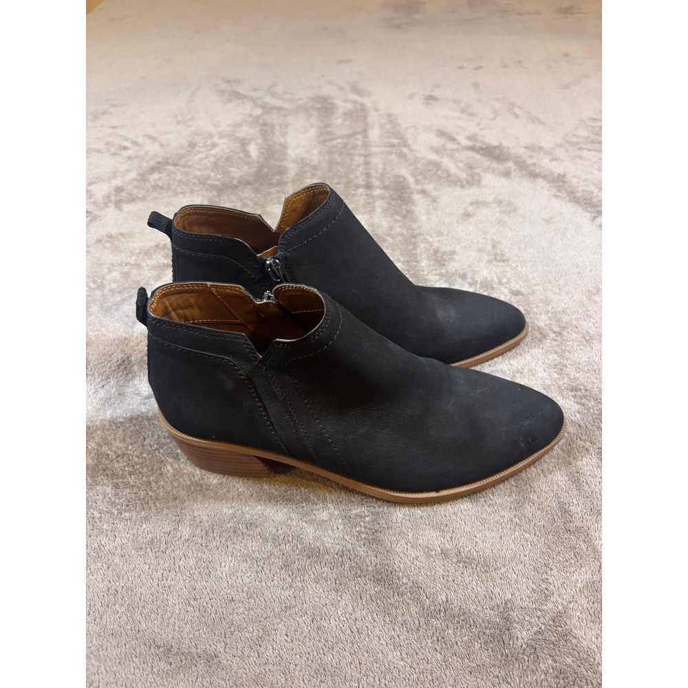 Franco Sarto Black Leather Ankle Boots Pointed Toe Block Heel Side Zip Size 8.5M